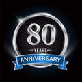 Celebrating 80th years anniversary logo with silver ring and blue ribbon