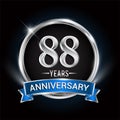 Celebrating 88th years anniversary logo with silver ring and blue ribbon