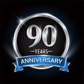 Celebrating 90th years anniversary logo with silver ring and blue ribbon