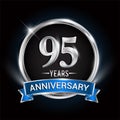 Celebrating 95th years anniversary logo with silver ring and blue ribbon