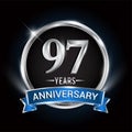 Celebrating 97th years anniversary logo with silver ring and blue ribbon