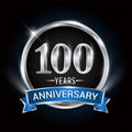 Celebrating 100th years anniversary logo with silver ring and blue ribbon