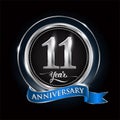 Celebrating 11th years anniversary logo. with silver ring and blue ribbon