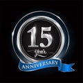 Celebrating 15th years anniversary logo. with silver ring and blue ribbon