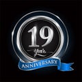 Celebrating 19th years anniversary logo. with silver ring and blue ribbon