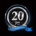 Celebrating 20th years anniversary logo. with silver ring and blue ribbon