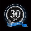 Celebrating 30th years anniversary logo. with silver ring and blue ribbon Royalty Free Stock Photo