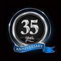 Celebrating 35th years anniversary logo. with silver ring and blue ribbon