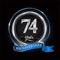 Celebrating 74th years anniversary logo. with silver ring and blue ribbon