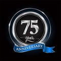 Celebrating 75th years anniversary logo. with silver ring and blue ribbon