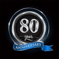 Celebrating 80th years anniversary logo. with silver ring and blue ribbon