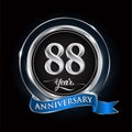 Celebrating 88th years anniversary logo. with silver ring and blue ribbon