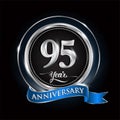 Celebrating 95th years anniversary logo. with silver ring and blue ribbon