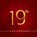 Celebrating of 19th years anniversary, logotype golden colored isolated on red background, vector design for greeting card and