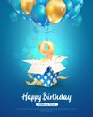 Celebrating of 9 th years birthday vector 3d illustration. Ninth anniversary celebration. Open gift box with explosions confetti