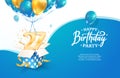 Celebrating 27th years birthday vector illustration. Twenty seven anniversary celebration. Adult birth day. Open gift