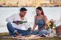 Celebrating their anniversary at their favourite picnic spot. a young couple drinking champagne while on a picnic at a Royalty Free Stock Photo