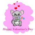 Happy Valentine`s Day. Mother Sweet Cute Mouse holds a bouquet of flowers gift heart pink background cartoon style postcard