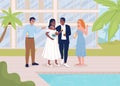 Celebrating wedding party at tropical resort with friends flat color vector illustration Royalty Free Stock Photo