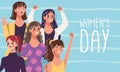 celebrating womens day, group of five young women characters