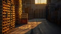 Celebrating World Central Excise Day with a majestic view of a customs warehouse at sunrise, golden sunlight casting long shadows