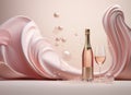 Celebration, anniversary elegant background. Rose champagne bottle and glass with abstract shapes. Royalty Free Stock Photo