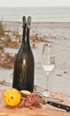 Celebration of autumn with a chilled glass and a vintage bottle of champagne Royalty Free Stock Photo