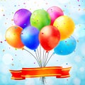 Celebration background with colorful balloons, ribbon and confetti. Vector illustration