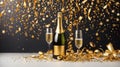 Celebration background with golden champagne bottle, confetti stars and party streamers. Christmas, birthday or wedding concept Royalty Free Stock Photo
