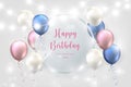 Elegant blue purple pink white ballon and decorative lighting chains round transparent glass plate Happy Birthday celebration card