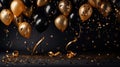Happy birthday bunch of golden and black air balloon on dark background with glitter confetti, holiday design for greeting card Royalty Free Stock Photo
