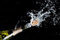 Celebration of birthday, anniversary or Christmas theme. Explosion of splashing champagne sparkling wine with flying cork out of t Royalty Free Stock Photo