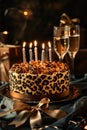 celebration birthday cake with leopard spots, with birthday candles