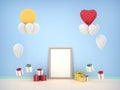 Celebration Birthday poster mock up room with empty wood frame, gift box, and balloon on foor and blue background