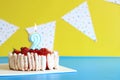 Celebration cake with a lit birthday candle. Cake for the second birthday Royalty Free Stock Photo
