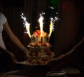 Celebration cake with candles and cake sparklers Royalty Free Stock Photo