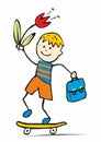 Celebration card, boy with tulip and satchel on skateboard, funny vector illustration, eps. Royalty Free Stock Photo