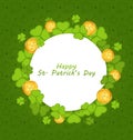 Celebration card with shamrocks and golden coins for St. Patrick