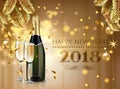 Celebration cheers Happy new year champagne bottle with glass in realistic style. Greeting card or elegant holiday party Royalty Free Stock Photo