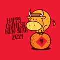Celebration of Chinese New Year 2021. Cute cow character standing on Mandarin Orange with calligraphy paper