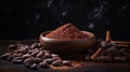 Cocoa powder in bowl with raw cocoa beans and cinnamon sticks on dark wooden background