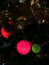 Christmas tree ornaments, colorful light balls on Christmas tree