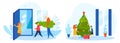 Celebration christmas, winter mood, people spending time together, boy, girl decorate fir-tree, flat style, vector