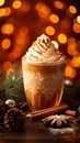 Winter seasonal spice latte with foam in glass cup, decorated background, vertical. Generative AI