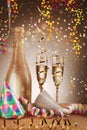 Celebration Concept - Cone Hats and Champagne Wine Royalty Free Stock Photo