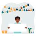 Celebration concept with garland, gift boxes and poster. A little boy smiles, rejoices and celebrates a birthday, name