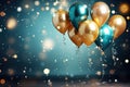 Golden and blue balloons on dark blue background. Generative AI. Royalty Free Stock Photo