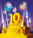 Golden 10th anniversary against city skyline