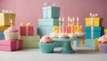 Celebration Cupcakes: Colorful cupcakes with lit candles displayed against a backdrop of wrapped gifts. Captured indoors Royalty Free Stock Photo