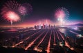 Celebration for Deepawali, New Year or event Festival. Fire Cracker in sky with aerial city view Royalty Free Stock Photo